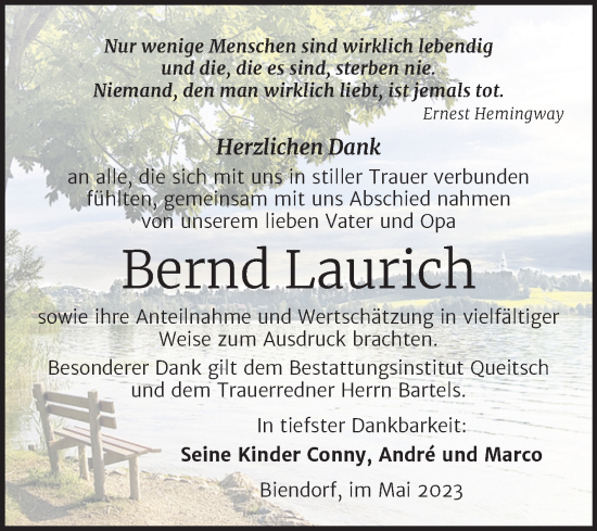 Traueranzeige von Bernd Laurich von Trauerkombi Bernburg