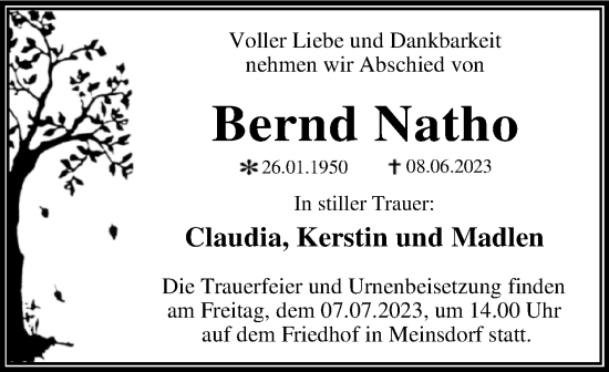 Traueranzeige von Bernd Natho von Trauerkombi Dessau