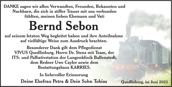 Traueranzeige von Bernd Sebon von Trauerkombi Quedlinburg