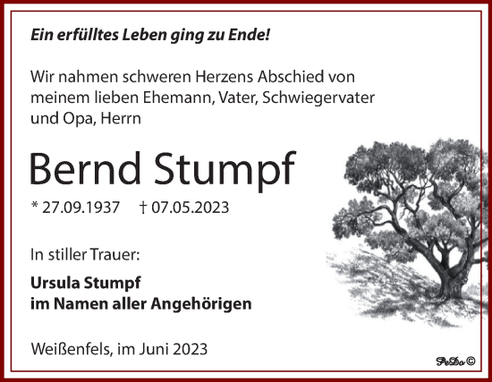 Traueranzeige von Bernd Stumpf von Trauerkombi Weißenfels