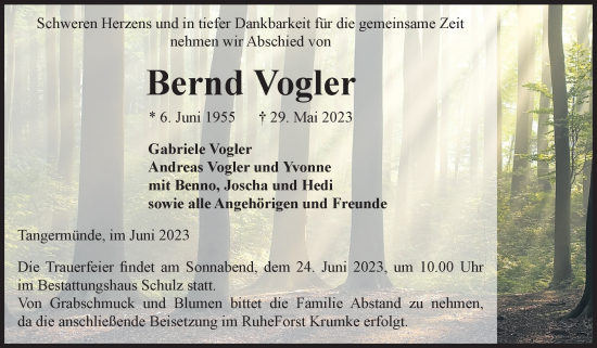 Traueranzeige von Bernd Vogler von Volksstimme Altmark Ost