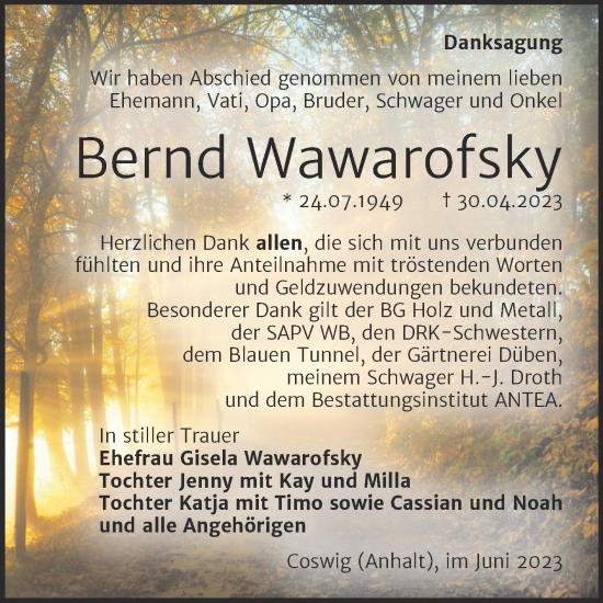 Traueranzeige von Bernd Wawarofsky von Trauerkombi Wittenberg