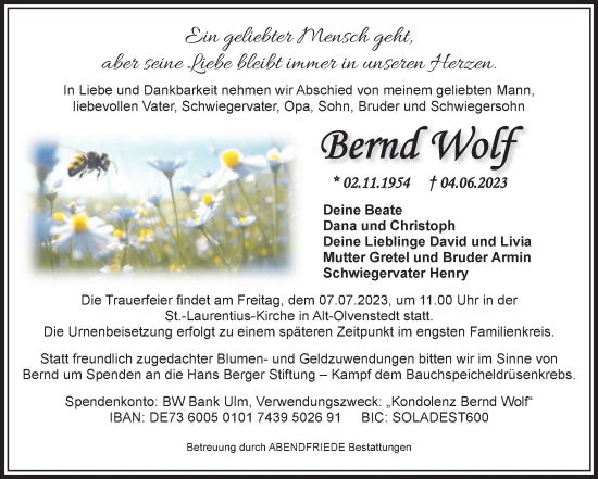 Traueranzeige von Bernd Wolf von Volksstimme Magdeburg