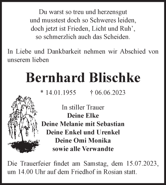 Traueranzeige von Bernhard Blischke von Mitteldeutsche Zeitung