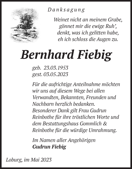 Traueranzeige von Bernhard Fiebig von Volksstimme Zerbst