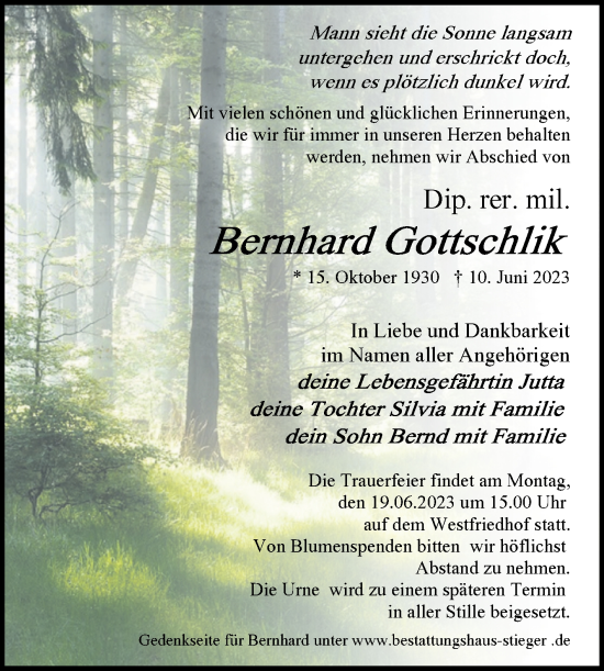 Traueranzeige von Bernhard Gottschlik von Volksstimme Oschersleben/Wanzleben