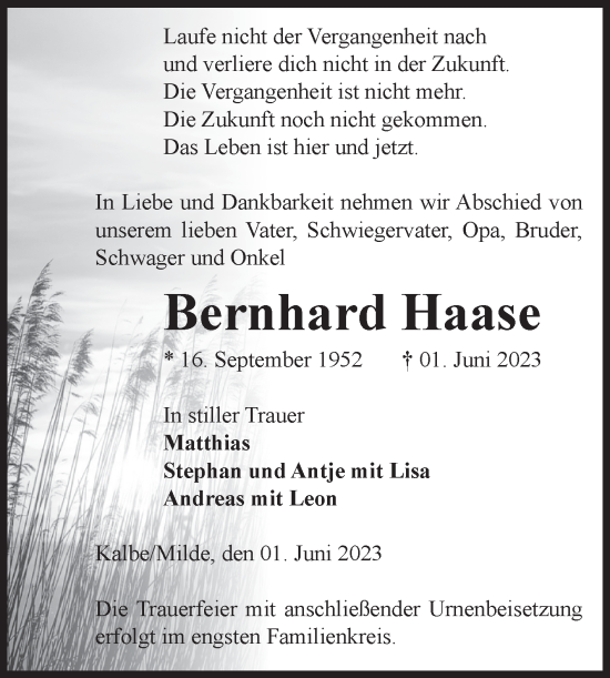 Traueranzeige von Bernhard Haase von Volksstimme Altmark West