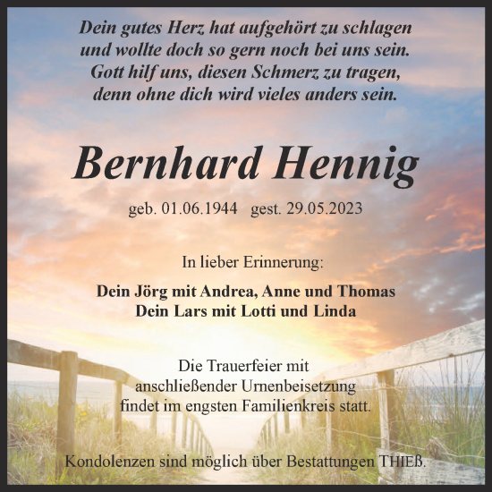 Traueranzeige von Bernhard Hennig von Trauerkombi Quedlinburg