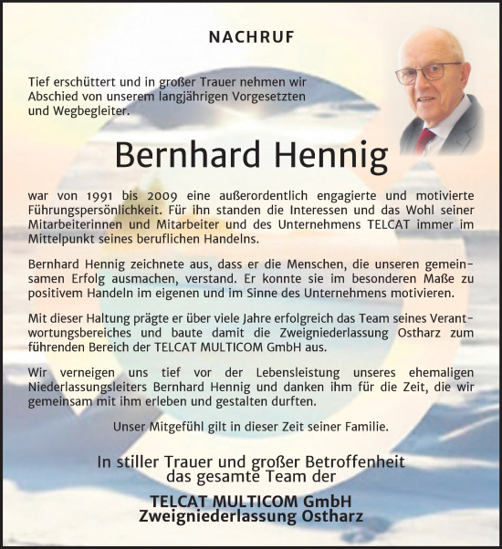 Traueranzeige von Bernhard Hennig von Super Sonntag Quedlingburg