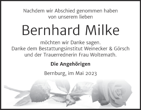 Traueranzeige von Bernhard Milke von Trauerkombi Bernburg