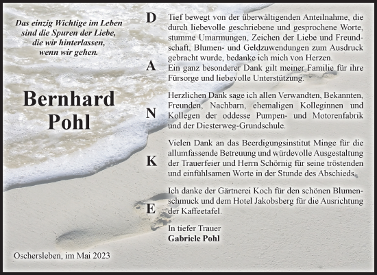 Traueranzeige von Bernhard Pohl von Volksstimme Oschersleben/Wanzleben