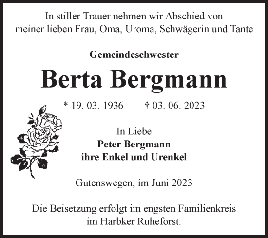 Traueranzeige von Berta Bergmann von Volksstimme Haldensleben/Wolmirstedt