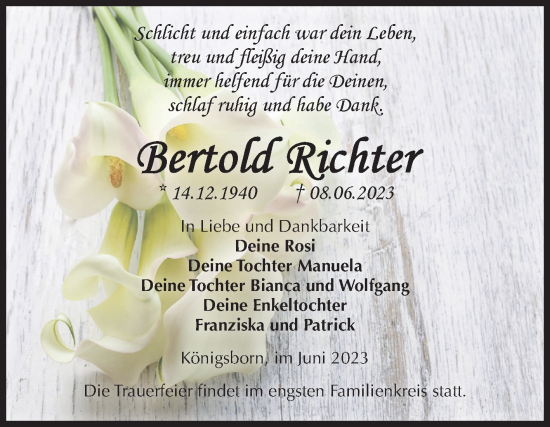 Traueranzeige von Bertold Richter von Volksstimme Burg/Genthin