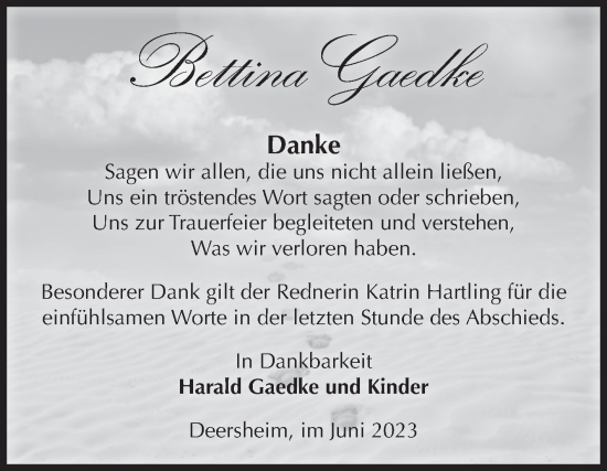 Traueranzeige von Bettina Gaedke von Volksstimme Halberstadt