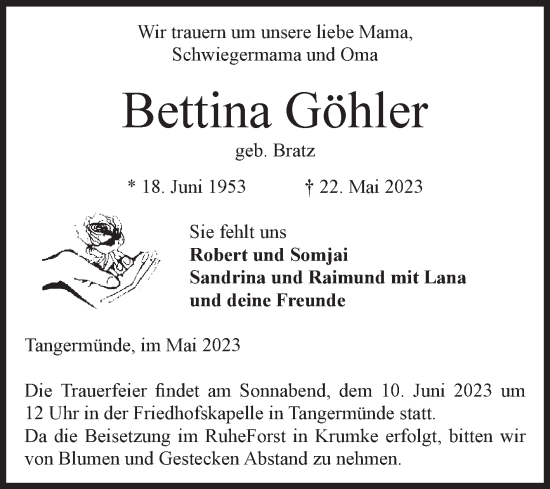 Traueranzeige von Bettina Göhler von Volksstimme Altmark Ost