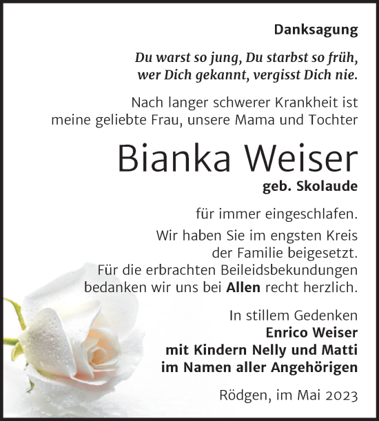 Traueranzeige von Bianka Weiser von Trauerkombi Bitterfeld