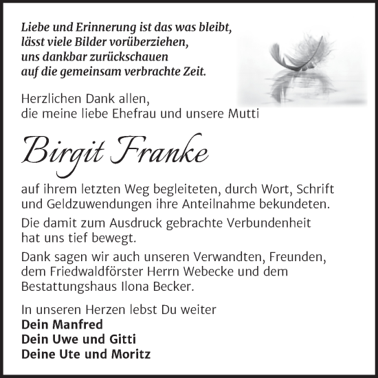 Traueranzeige von Birgit Franke von Trauerkombi Sangerhausen