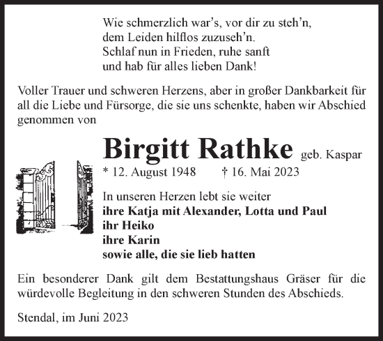 Traueranzeige von Birgitt Rathke von Volksstimme Altmark Ost
