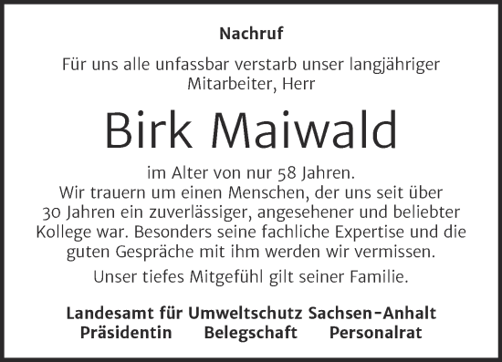 Traueranzeige von Birk Maiwald von Mitteldeutsche Zeitung Halle/Saalkreis
