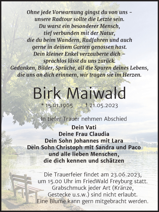 Traueranzeige von Birk Maiwald von Trauerkombi Merseburg