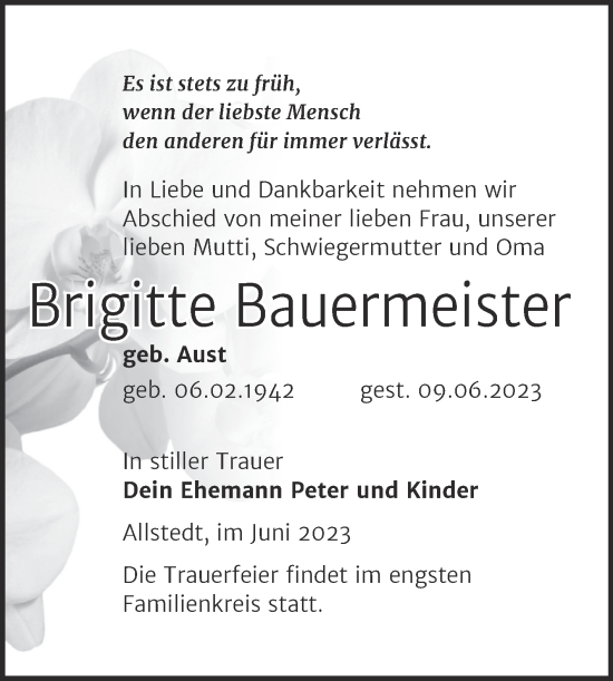 Traueranzeige von Brigitte Bauermeister von Trauerkombi Sangerhausen