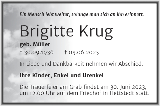 Traueranzeige von Brigitte Krug von Trauerkombi Mansfelder Land