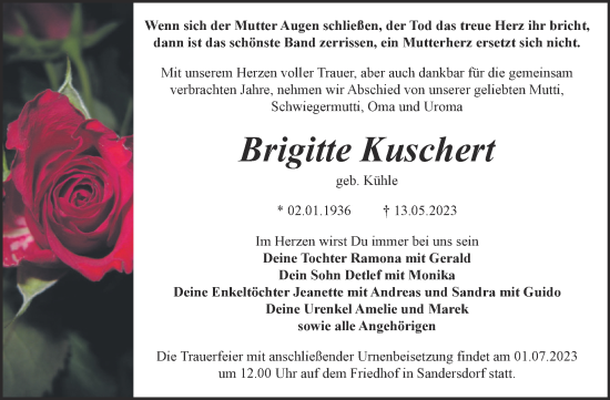 Traueranzeige von Brigitte Kuschert von Trauerkombi Bitterfeld