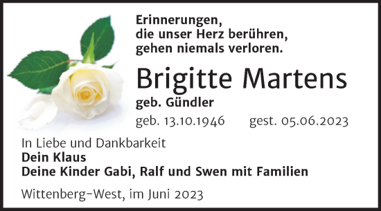 Traueranzeige von Brigitte Martens von Trauerkombi Wittenberg