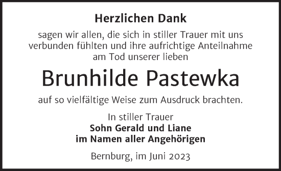Traueranzeige von Brunhilde Pastewka von Trauerkombi Bernburg