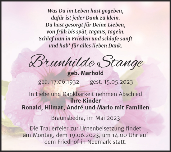 Traueranzeige von Brunhilde Stange von Trauerkombi Merseburg