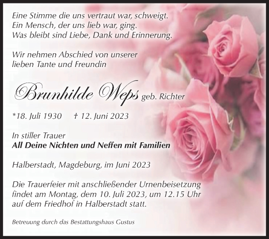 Traueranzeige von Brunhilde Weps von Volksstimme Halberstadt