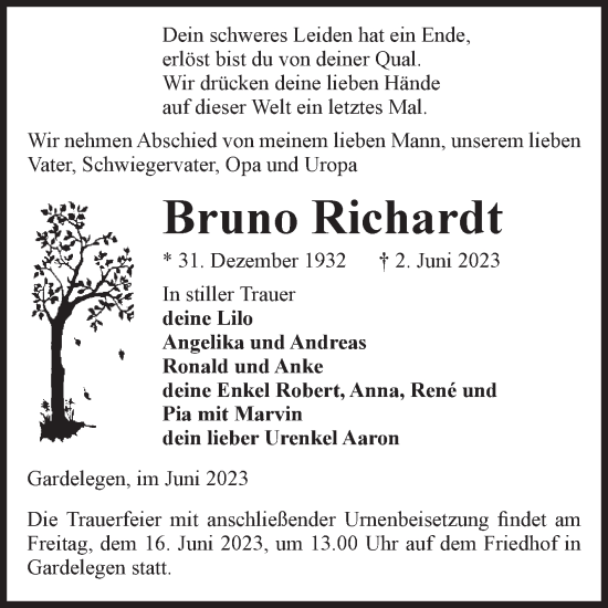 Traueranzeige von Bruno Richardt von Volksstimme Altmark West