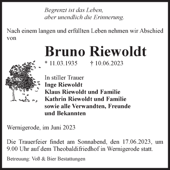 Traueranzeige von Bruno Riewoldt von Volksstimme Wernigerode