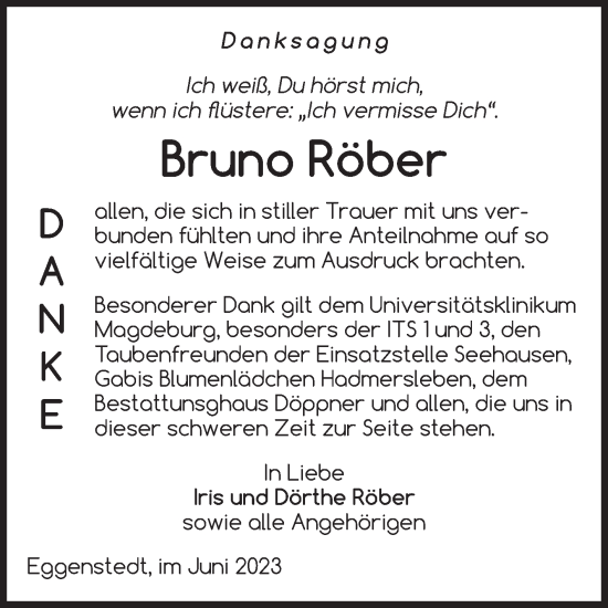 Traueranzeige von Bruno Röber von Volksstimme Oschersleben/Wanzleben