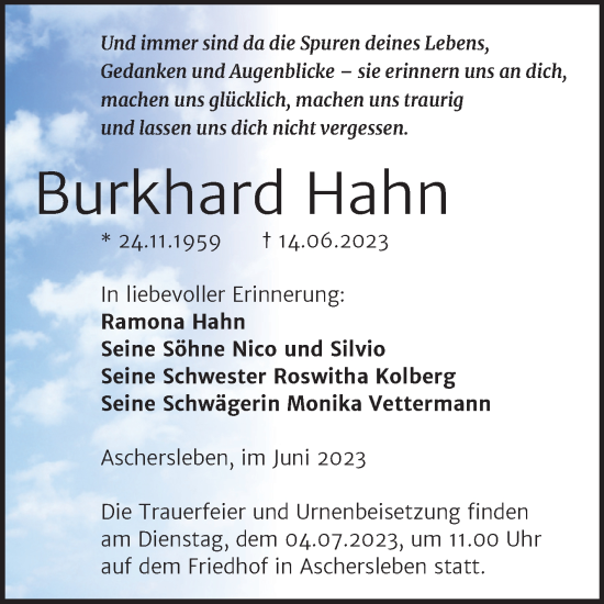 Traueranzeige von Burkhard Hahn von Trauerkombi Aschersleben