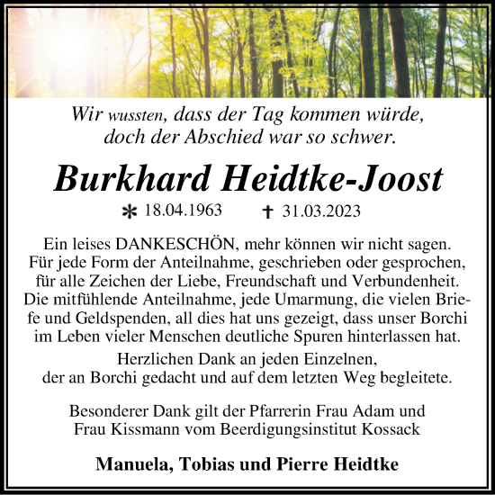 Traueranzeige von Burkhard Heidtke-Joost von Trauerkombi Wittenberg