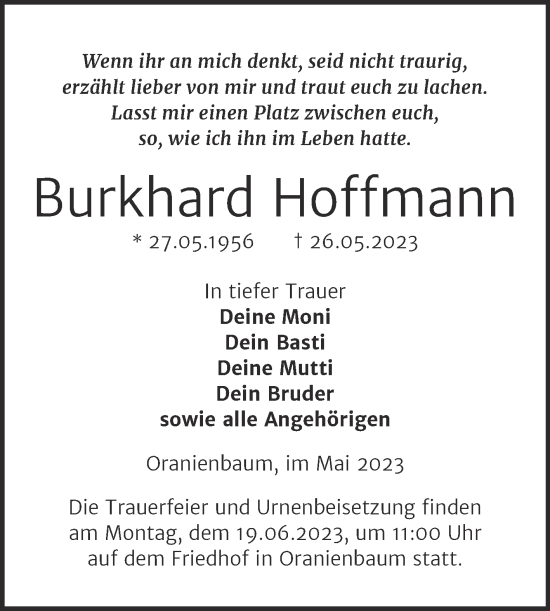 Traueranzeige von Burkhard Hoffmann von Trauerkombi Wittenberg