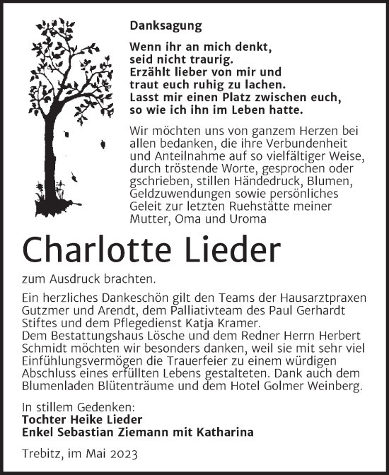 Traueranzeige von Charlotte Lieder von Trauerkombi Wittenberg