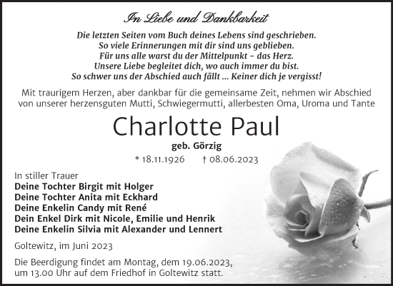 Traueranzeige von Charlotte Paul von Trauerkombi Wittenberg
