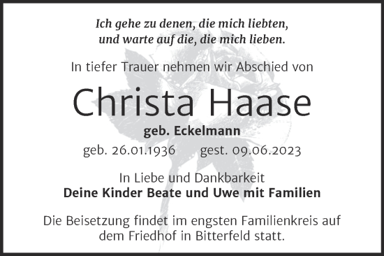 Traueranzeige von Christa Haase von Trauerkombi Bitterfeld