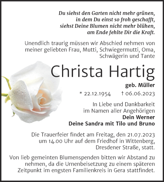 Traueranzeige von Christa Hallig von Trauerkombi Wittenberg
