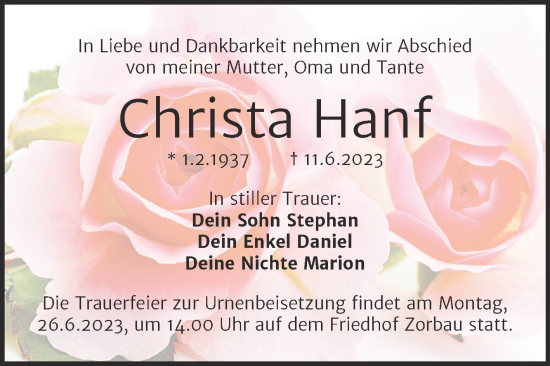 Traueranzeige von Christa Hanf von Trauerkombi Weißenfels