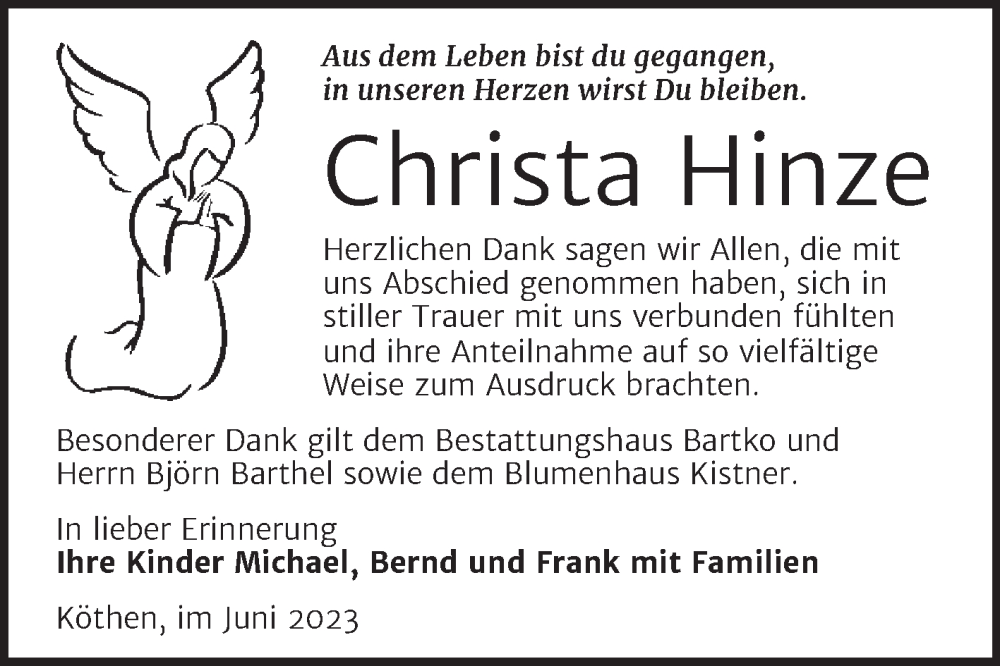  Traueranzeige für Christa Hinze vom 10.06.2023 aus Trauerkombi Köthen