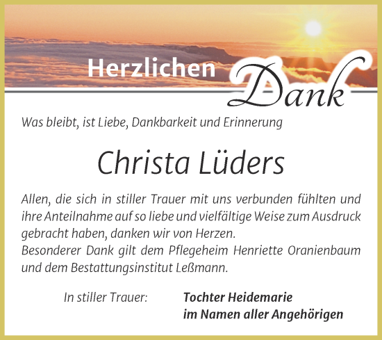 Traueranzeige von Christa Lüders von Trauerkombi Wittenberg