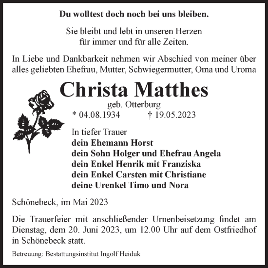 Traueranzeige von Christa Matthes von Volksstimme Schönebeck