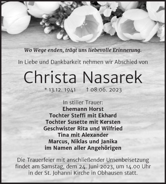 Traueranzeige von Christa Nasarek von Naumburger Tageblatt