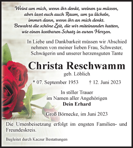 Traueranzeige von Christa Reschwamm von Volksstimme Staßfurt