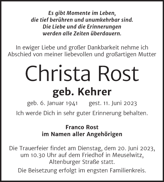 Traueranzeige von Christa Rost von Trauerkombi Zeitz