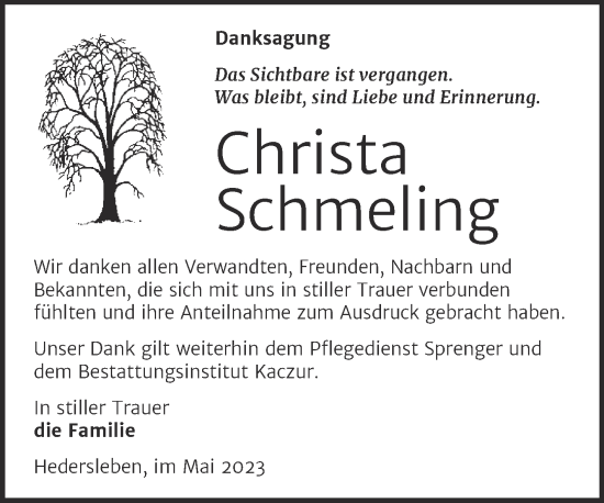 Traueranzeige von Christa Schmeling von Trauerkombi Quedlinburg