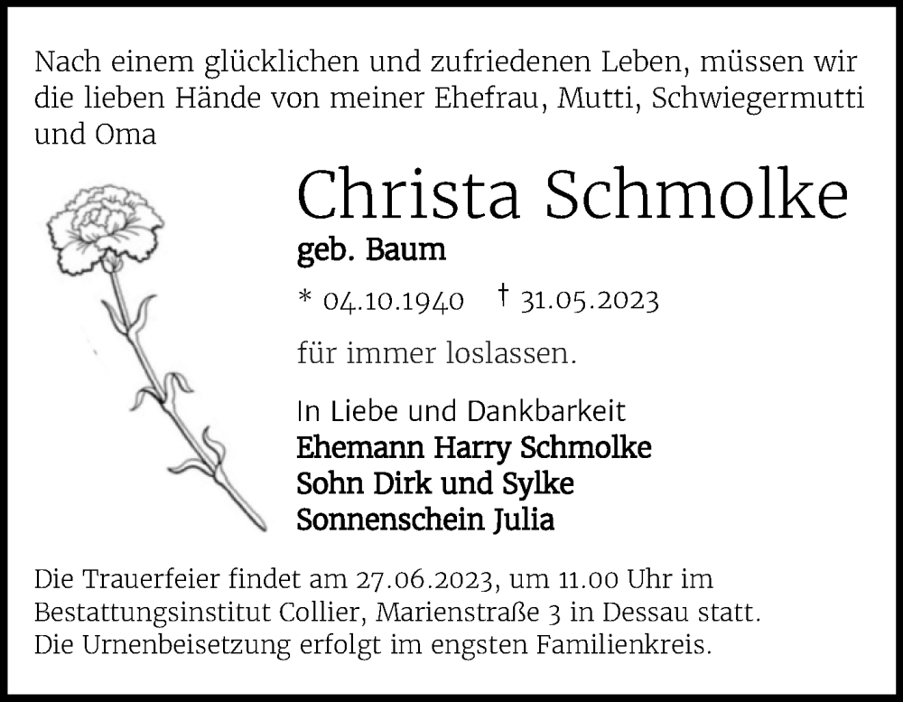 Traueranzeigen von Christa Schmolke www.abschiednehmen.de